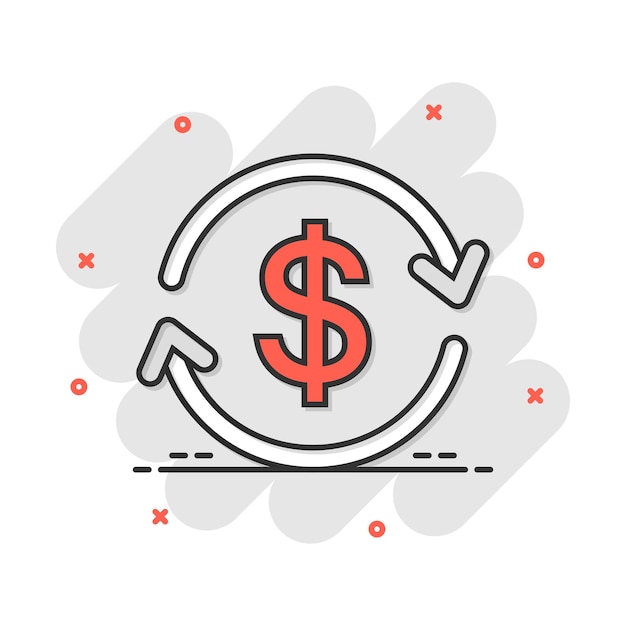 Vector cartoon money dollar with arrow icon in comic style Exchange rate money concept illustration pictogram Financial strategy business splash effect concept