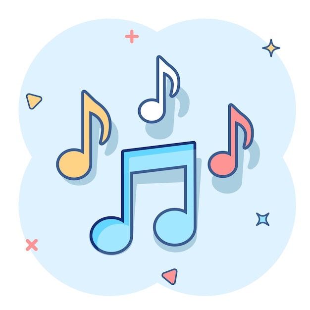 Vector cartoon music note icon in comic style Sound media concept illustration pictogram Audio note business splash effect concept