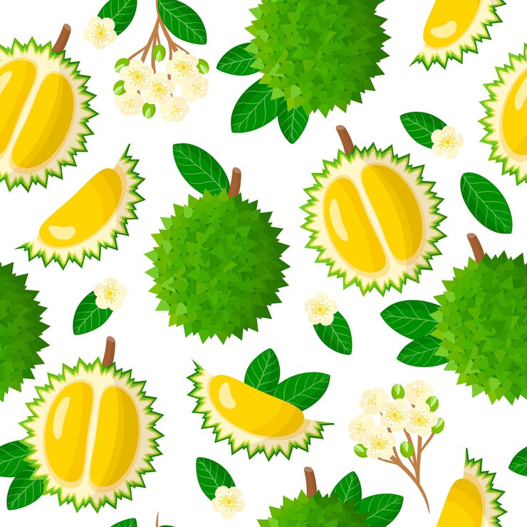 Vector cartoon naadloze patroon met Durio of Durian exotisch fruit, bloemen en bladeren
