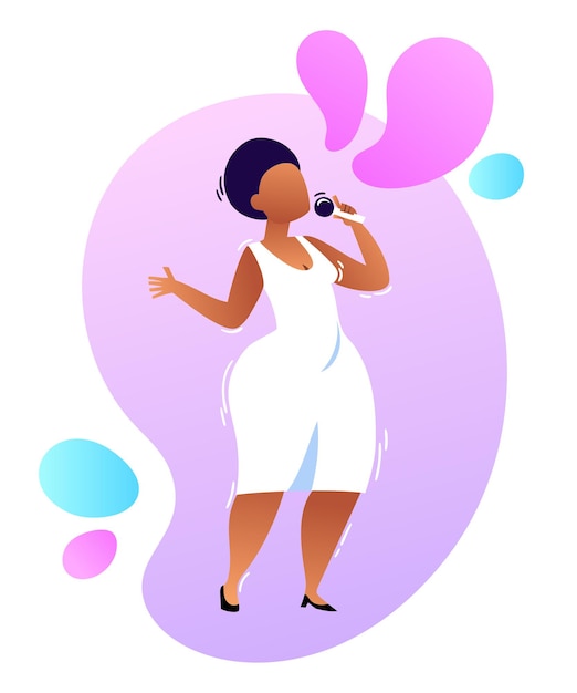 Vector cartoon neon illustration of female african jazz soul singer with microphone in white dress