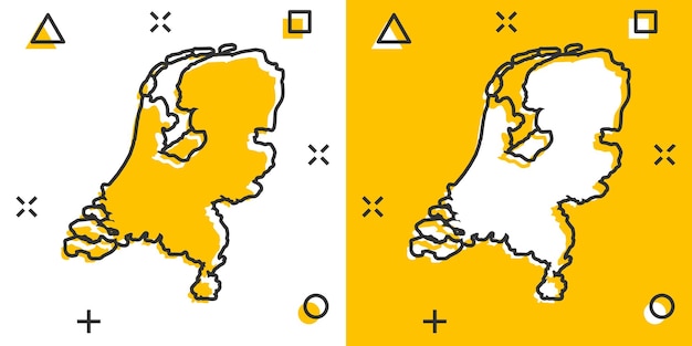 Vector cartoon Netherlands map icon in comic style Netherlands sign illustration pictogram Cartography map business splash effect concept