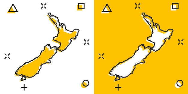 Icona della mappa della nuova zelanda del fumetto vettoriale in stile fumetto pittogramma dell'illustrazione del segno della nuova zelanda mappa cartografia business effetto splash concept