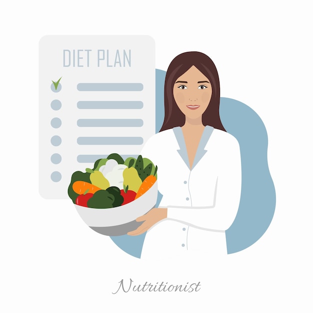 Vector vector cartoon nutritionist with vegetables and a diet plan