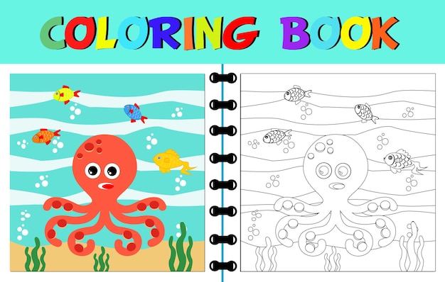 Vector vector cartoon of octopus and fish in undersea coloring book or coloring page