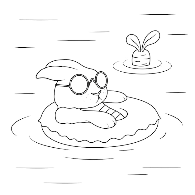 Vector cartoon outline bunny in the swimming pool