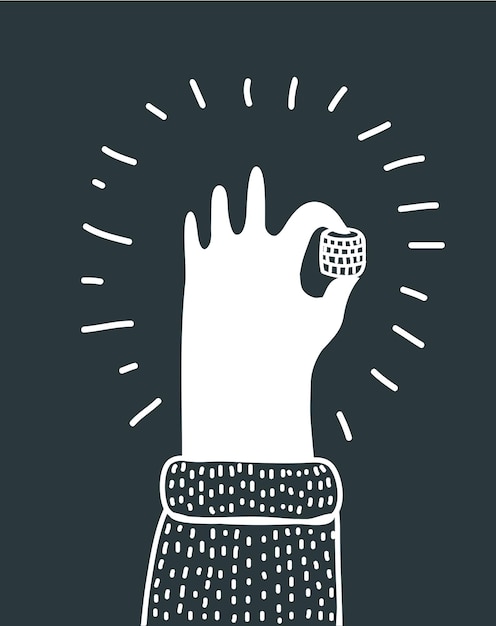 Векторный мультфильм наброски иллюстрация башни монет, держащей в человеческой руке. черно-белая концепция в смешном современном стиле.