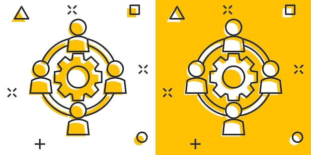 Icona di collaborazione di outsourcing di cartoni animati vettoriali in stile fumetto pittogramma di illustrazione del concetto di cooperazione delle persone concetto di effetto splash aziendale di lavoro di squadra