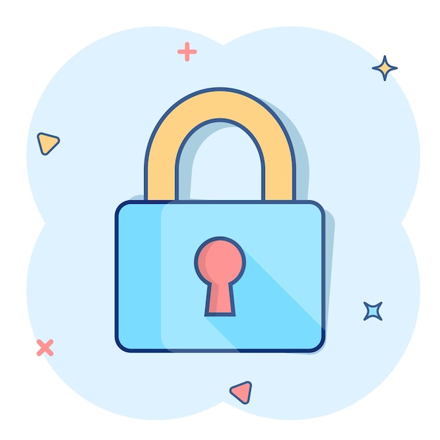 Vector cartoon padlock icon in comic style Lock unlock security concept illustration pictogram Padlock business splash effect concept