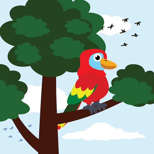 Vector cartoon parrot on a funny tree