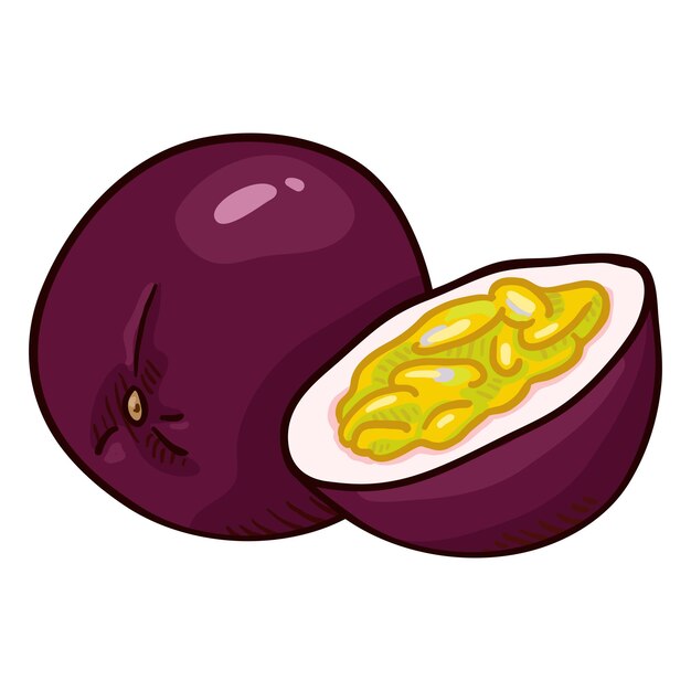 Vector cartoon passion fruit whole and sliced