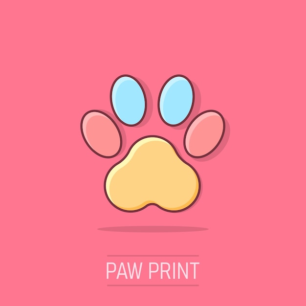 Vector vector cartoon paw print icon in comic style dog cat bear paw sign illustration pictogram animal foot business splash effect concept