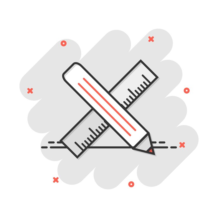 Vector vector cartoon pencil with ruler icon in comic style ruler meter sign illustration pictogram office gear business splash effect concept