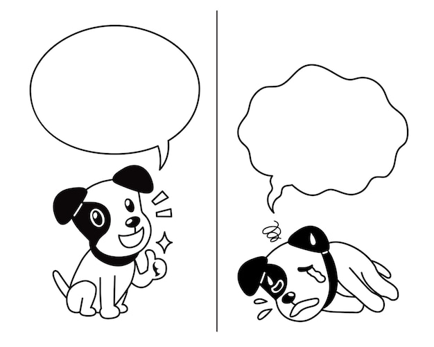 Vector cartoon personage Jack Russell terrier hond die verschillende emoties uitdrukt met spraak bubbels