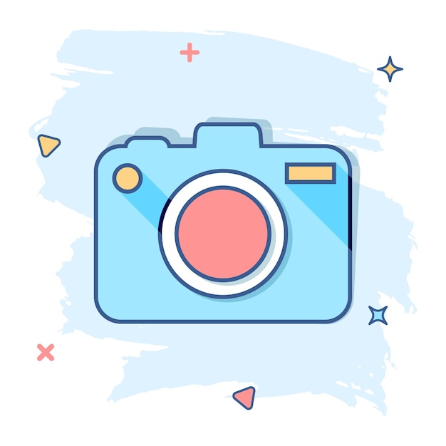 Vector cartoon photo camera icon in comic style Photographer cam sign illustration pictogram Camera business splash effect concept