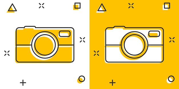 Иконка векторной мультяшной фотокамеры в стиле комиксов фотограф cam знак иллюстрации пиктограмма концепция эффекта всплеска бизнеса камеры