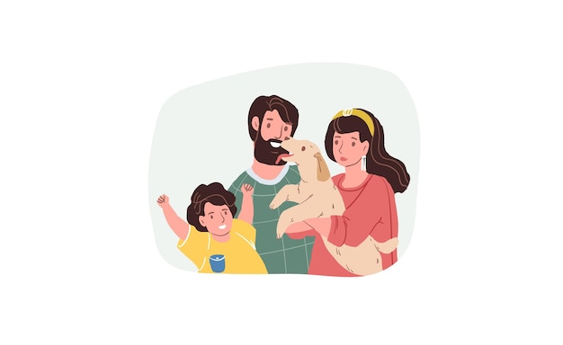 Vector cartoon platte familie tekens ouders, kind en hond huisdier. vader, zoon en moeder met hondje in armen glimlachend gelukkig-positieve emoties, gezonde familierelaties sociaal concept, website banner ontwerp