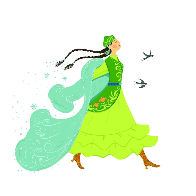 Vector cartoon postcard to nauryz kazakh girl in the image of spring takes off her fur coat the inscription in the kazakh language congratulations on nauryz