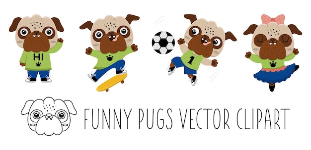 Набор векторных мультяшных мопсов антропоморфные собаки занимаются спортом забавный щенок играет в футбол, катается на коньках, танцует, машет рукой милая иллюстрация животных для детей коллекция забавных маленьких домашних животных
