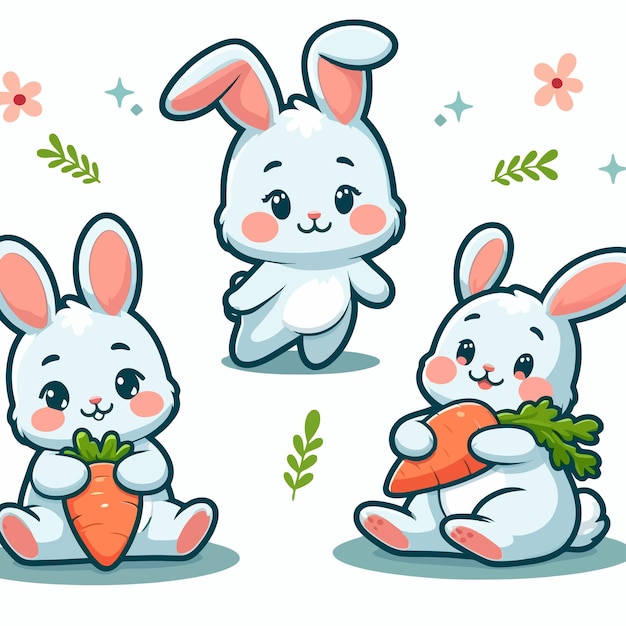 Vettore un cartone animato coniglio si siede in un campo di fiori
