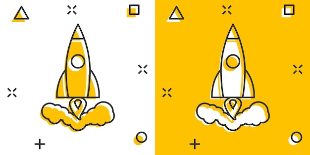 Vector cartoon raket pictogram in komische stijl Opstarten lancering teken illustratie pictogram Rocket splash effect bedrijfsconcept