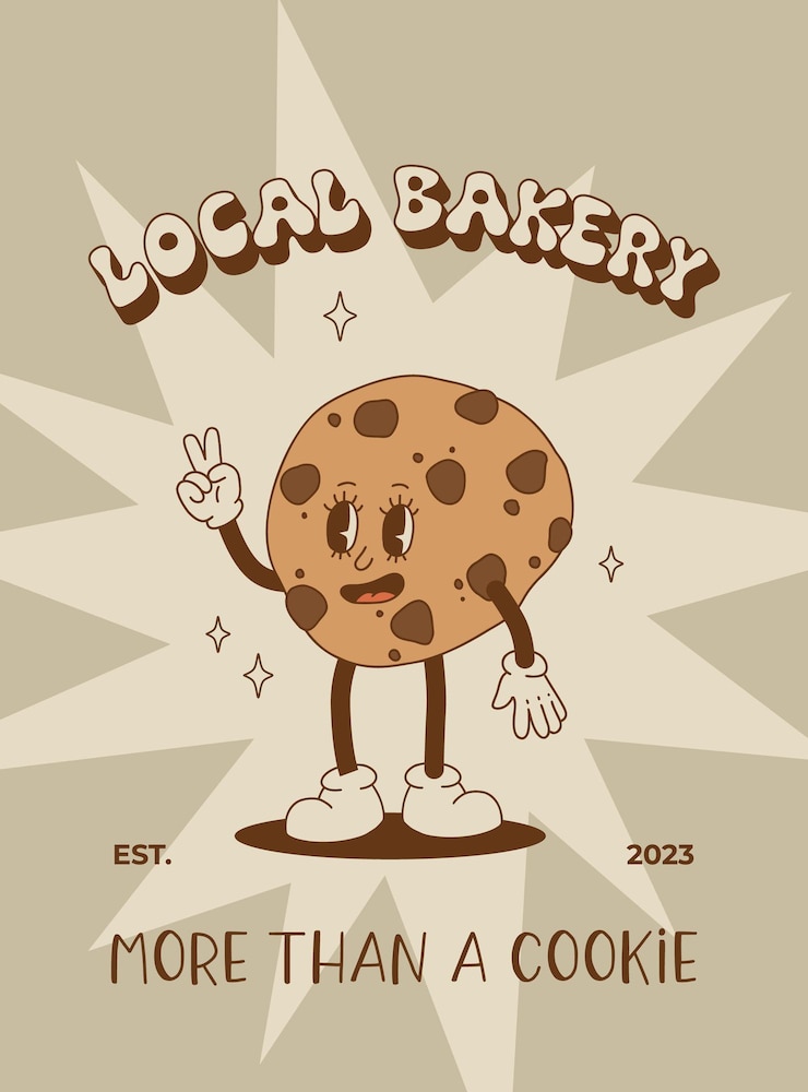 Vector vector cartoon retro mascot of bread pastry burger sandwich vintage style 70s 60s 50s character groovy poster for bakery and restaurants