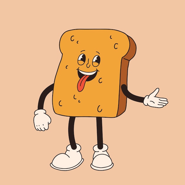 Vector cartoon retro mascot of slice of bread Vintage style 30s 40s 50s old animation The clipart is isolated on a beige background