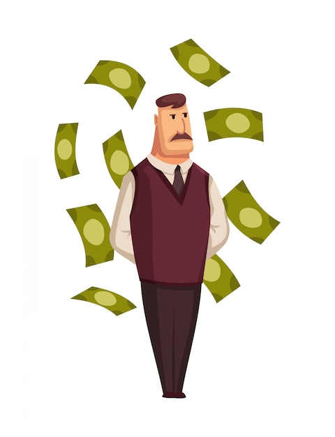 Vector cartoon rich people. happy super rich successful businessman with huge green money bills pile. very rich man bathing in his money, happy millionaire magnate male