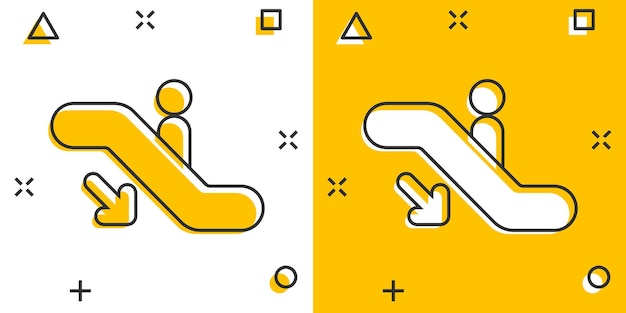 Vector cartoon roltrap lift pictogram in komische stijl Roltrap teken illustratie pictogram Lift splash effect bedrijfsconcept