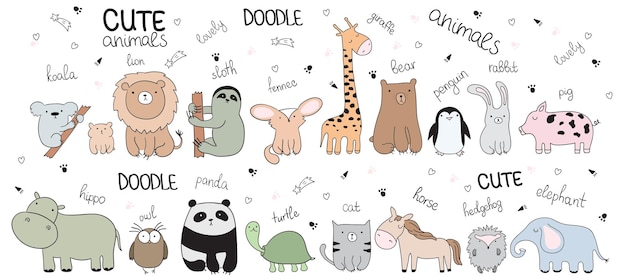 Vector cartoon schets illustratie met schattige doodle dieren