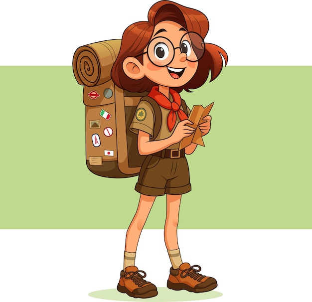 vector cartoon scout girl explorer with map and backpack