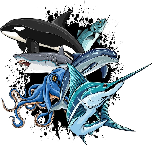 vector Cartoon sea animals Cute ocean fish octopus shark and killer whale