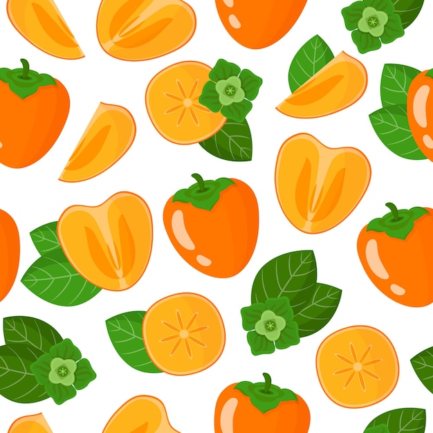 Vector cartoon seamless pattern with Diospyros or Persimmon exotic fruits, flowers and leafs