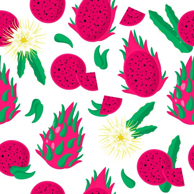 Vector cartoon seamless pattern con dragonfruit o sweet red pitaya frutti esotici, fiori e foglie su sfondo bianco