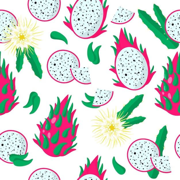 Vector cartoon seamless pattern with hylocereus, undatus or dragon fruit exotic fruits, flowers and leafs