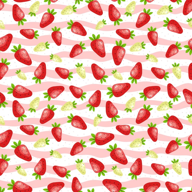 Vector cartoon seamless pattern with red and green strawberry on strip