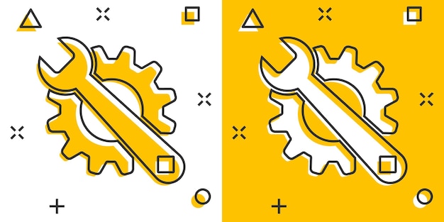 Icona dello strumento di servizio per cartoni animati vettoriali in stile fumetto ruota dentata con pittogramma di illustrazione del segno della chiave concetto di effetto splash aziendale per officina