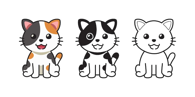 Vector cartoon set of calico cat for design.