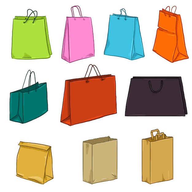 Vector Cartoon Set of Color Paper and Plastic Shopping Bags