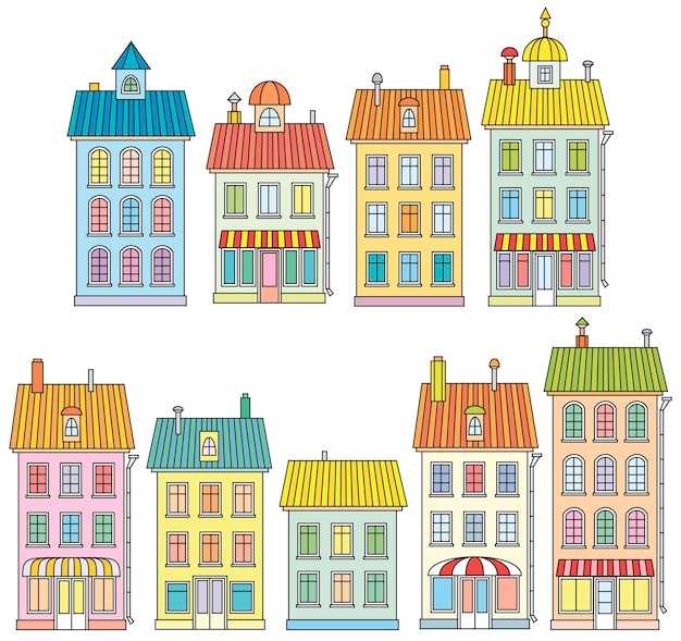 Vector cartoon set of colorful town houses