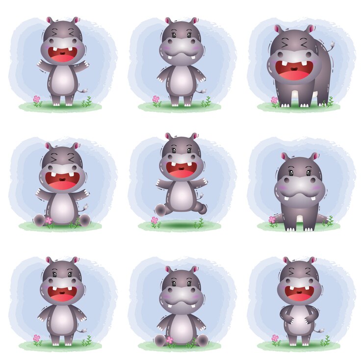 Vector vector cartoon set of cute hippo