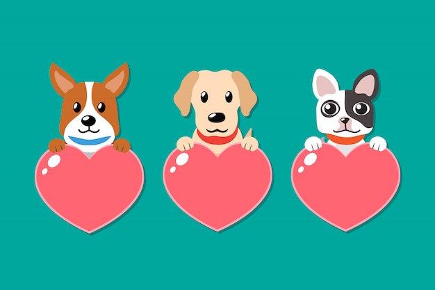 Vector cartoon set of dogs with heart signs