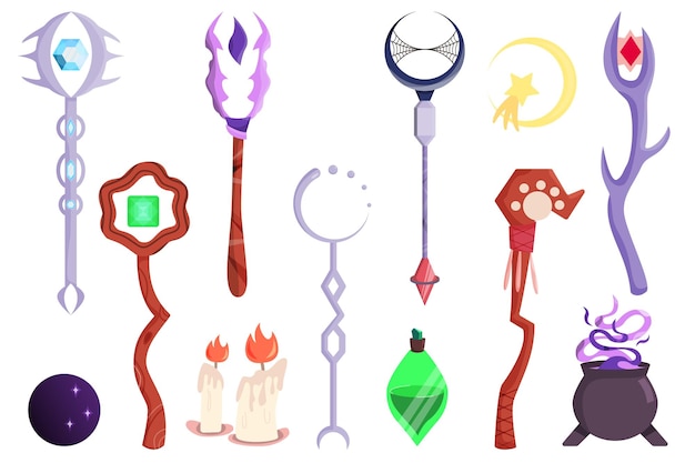 Vector vector cartoon set of fantasy magic staves wands wizard scepters magic stuff isolated on white