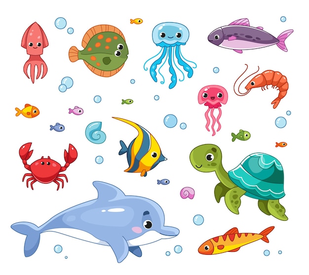 魚海洋動物のベクトル漫画セットカメヒラメクラゲエビイルカかわいいイラスト