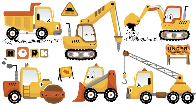 vector cartoon set of funny construction vehicles