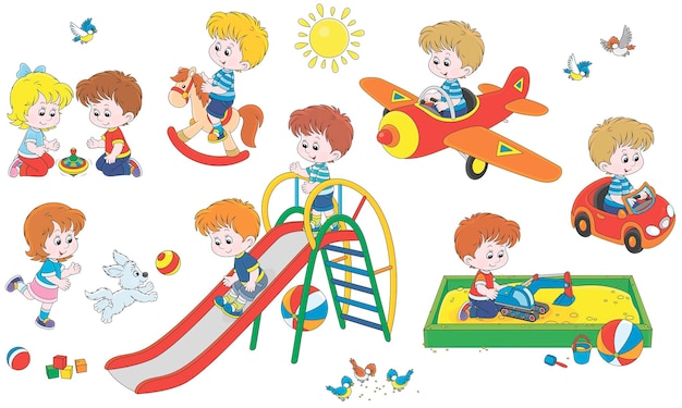 Vector cartoon set of happy little children playing on a summer playground in a park