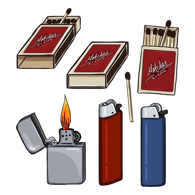 Vector vector cartoon set of matches matchboxes and lighters