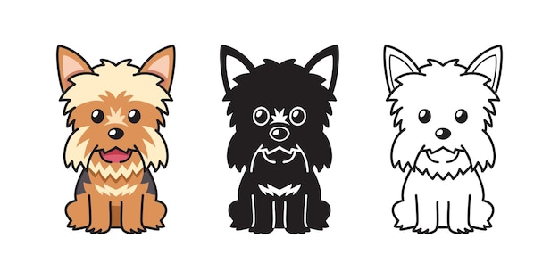 デザインのためのヨークシャーテリア犬のベクトル漫画セット。