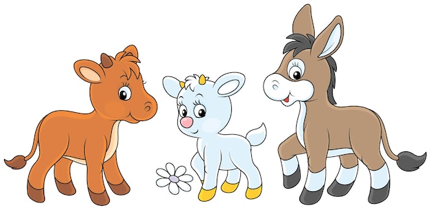 Vector cartoon set of small farm animals with a funny little kid, calf and burro