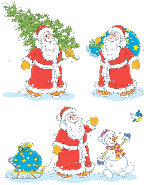 Векторный мультфильм с Санта-Клаусом, забавным снеговиком, мешком подарков и рождественской елкой