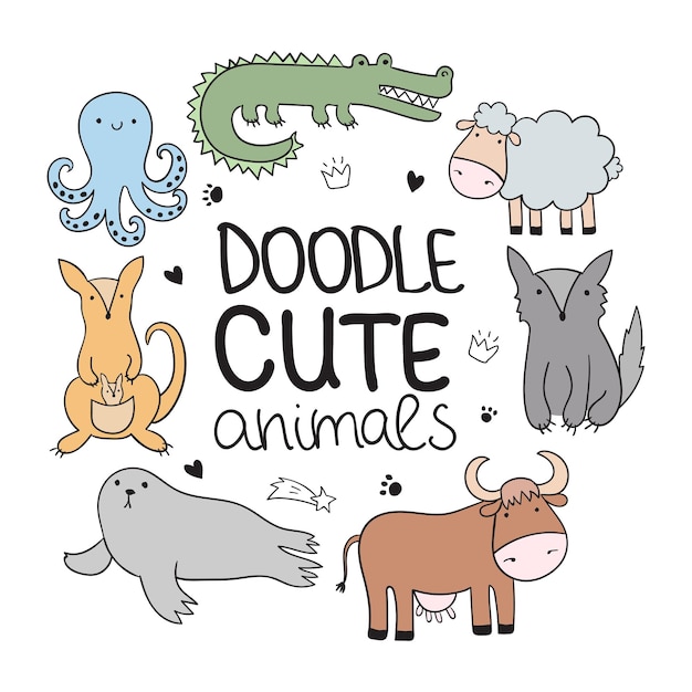 Vector vector cartoon sketch illustration with cute doodle animals